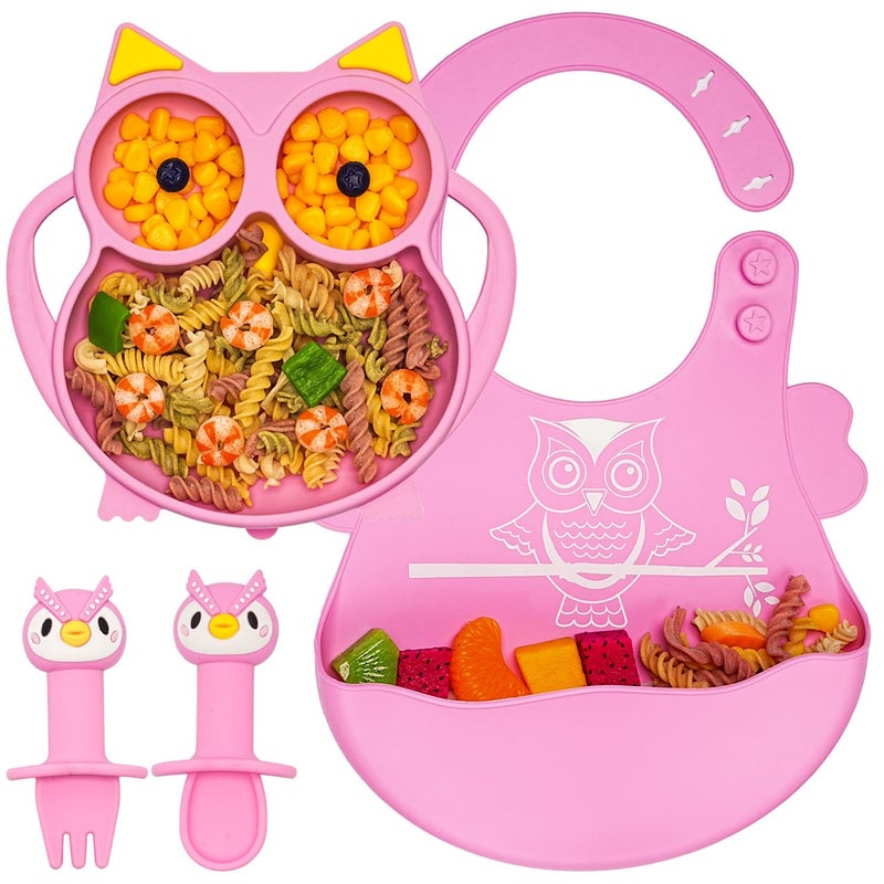 NICINGU Baby Toddler Silicone Suction Plate with Spoon&Fork And Adjustable Bib Set,Silicone Baby Feeding Utensils Set，Baby Toddler Led Weaning Supplies Set-Pink Owl Set - Image 1